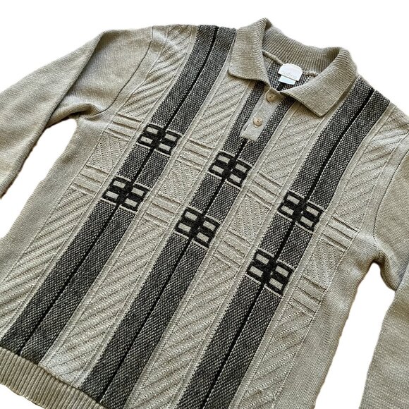 Outline Pullover Polo Sweater Textured Knit Grey/Beige Vintage 90s - Picture 2 of 7